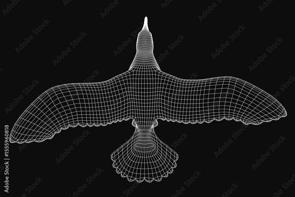 Poster a 3d wireframe seagull spreads its wings mid-flight against a dark backdrop, showcasing intricate di