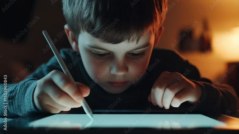 Poster focused pupil engaging with a stylus on a tablet, completing school assignments during the evening, 