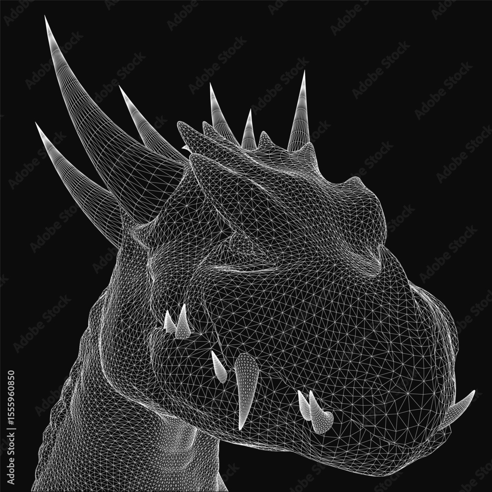 Poster a black and white 3d dragon head with sharp spikes and detailed scales, set against a dark mysteriou