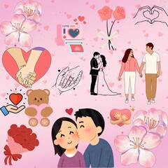 Heartwarming Love & Relationship Concepts: Diverse Couple Moments, Hand Gestures, Romantic Flowers, Teddy Bear. Joyful Valentine Theme.