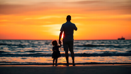 Heartwarming Father’s Day image with dad and child at beach sunset