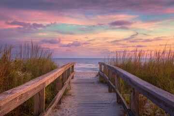 Fototapeta premium Beach Access Wooden Walkway Path to Ocean at Sunset Under Colorful Skies