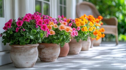 Colorful flowers in terracotta pots on porch
