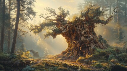 Close-up of an ancient tree trunk with deep, rugged bark, cracks, and moss, bathed in golden light