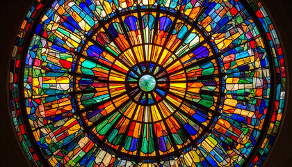 Celestial Radiance: A close-up shot of a vibrant stained glass window radiating a kaleidoscope of colors, evoking a sense of sacred space and artistic splendor.