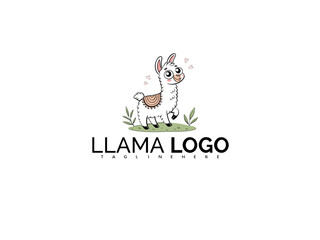 Fototapeta premium Kawaii Style Cartoon Alpaca Logo Clipart for Kids Brand Identity. Pastel Vector Illustration with Rainbow Horn, Perfect for Baby Clothing, Toys, and Whimsical Sticker Designs.