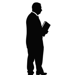Businessman silhouette standing while holding a folder in profile  