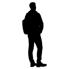 Young man standing in silhouette with backpack on white background  