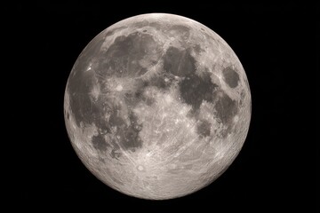 Naklejka premium Detailed Full Moon Photograph Showing Lunar Surface Craters, Maria, and Terrain on Black Background