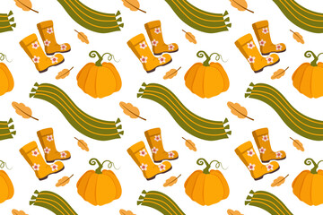 Vector autumn seamless patterns. Illustration with pumpkins, rubber boots, scarf and gloves. Use for paper, cover, gift wrap, fabric