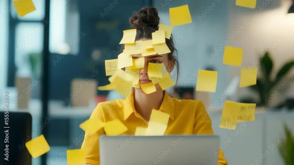 Poster Stressed project manager experiencing burnout, surrounded by sticky notes on her face while working intently on a laptop in a chaotic office environment filled with pressure and deadlines
