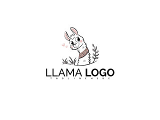 Fototapeta premium Whimsical Llama Clipart in Kawaii Style with Clouds and Hearts. Adorable Vector Logo for Baby Showers, Children’s Brands, Toys, Stickers, and Child-Focused Design Elements.