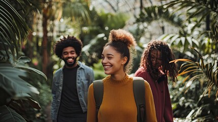 Smiling friends walking through a botanical garden, spring outfits, candid photography, diversity 