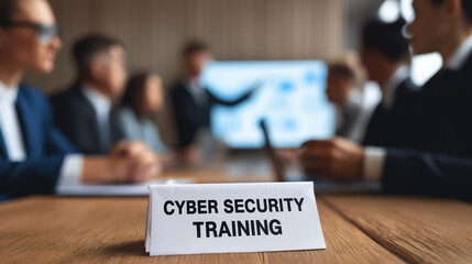 Cyber security training session with professionals giving presentation to corporate employees on data protection digital threats and safe technology practices