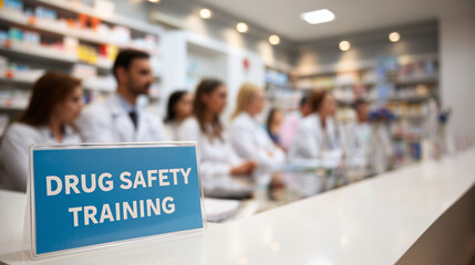 Obraz premium Drug safety training session with senior doctors sitting in background during medical education on pharmaceutical risk prevention and health awareness