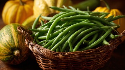Basket of green beans and summer squash, tilted at angle for dynamic storytelling