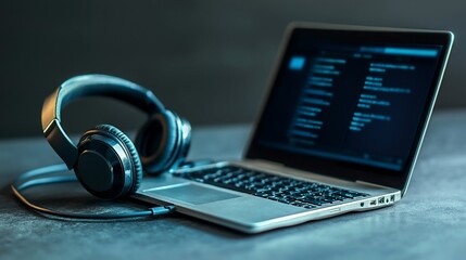 Laptop with headphones, displaying code. Dark scene, tech setup. Focus on audio & programming