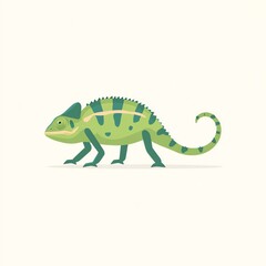 Fototapeta premium Vibrant Green Chameleon Walking, Detailed Illustration of a Reptile with a Curled Tail Against a Plain White Background
