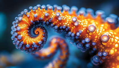 Close-up view of a spiraling tentacle, vibrant orange and blue hues, textured skin and a blurred aquatic backdrop