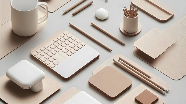 Minimalist Beige Wooden Desk Workspace Setup with Modern Accessories