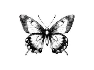 Vintage butterfly sketch, engraved spring insect, retro hand-drawn artwork, black ink decor, seasonal wall print, antique etching style, rustic nature illustration, insect wall decor, © Vintage Studio