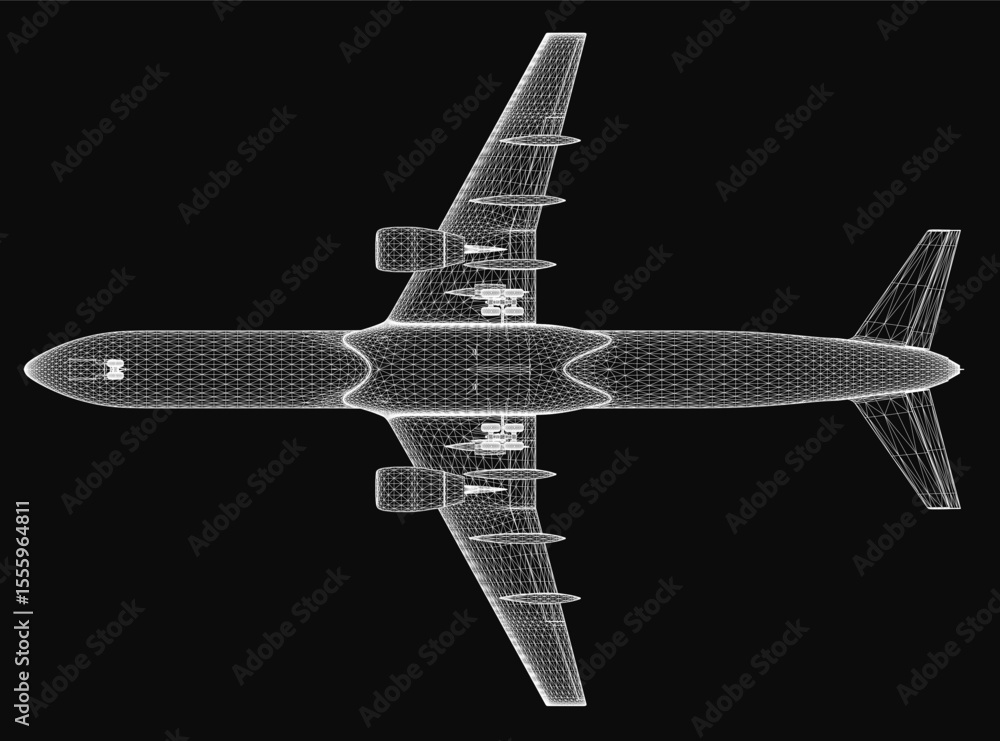 Poster a 3d wireframe model of an airplane on a black background highlights the aircraft's detailed structu