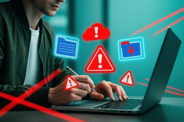 Cyber Threat Detected: A focused individual hunched over a laptop, illuminated by the chilling glow of a cyber threat warning, emphasizing digital security risks and online vulnerability.