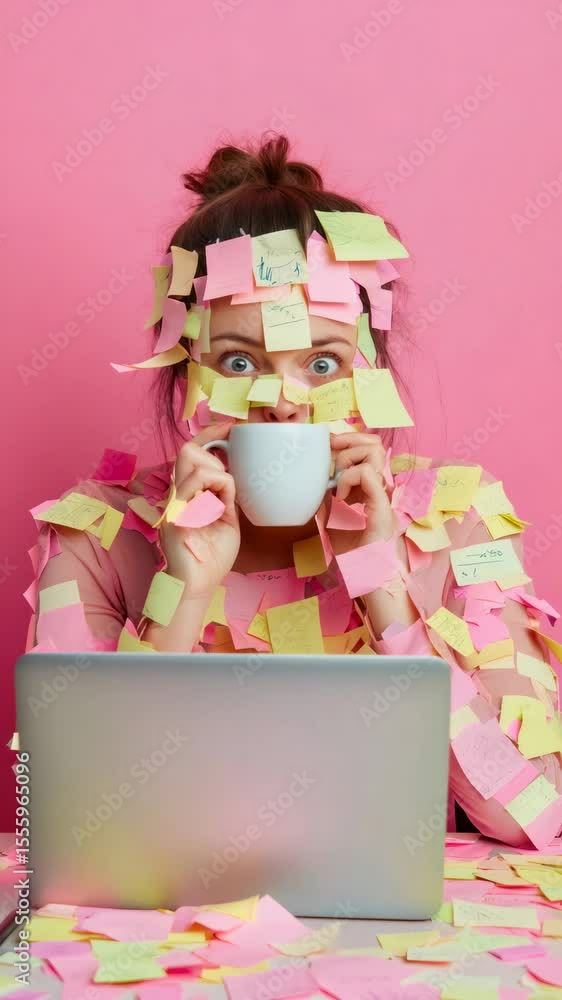 Poster Office worker covered in colorful sticky notes drinking from a white mug while sitting at her laptop on a pink background represents stress. Organization. And multitasking in a busy work environment