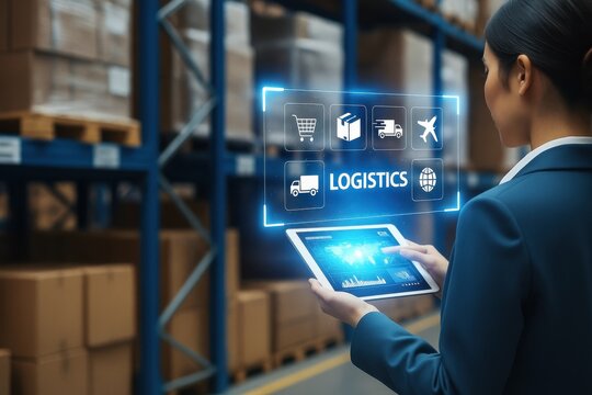Digital Logistics: An empowered woman oversees the advanced logistics system in a modern warehouse environment, seamlessly integrating technology with supply chain management.