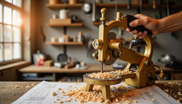 Hand operating vintage woodworking machine with shavings on plans  