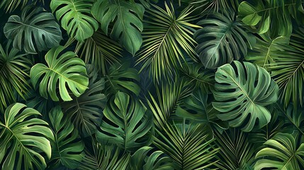 Lush tropical leaves, vibrant green, dense foliage background