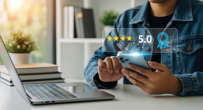 Exceptional Review Experience: Capturing the essence of satisfaction, a person engages with their device, surrounded by elements of digital interface, offering insights into digital experiences. 