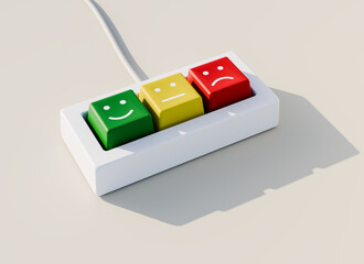 A three button keyboard labelled with satisfaction smileys. Symbolizing reviewing a product or service. Satisfaction.