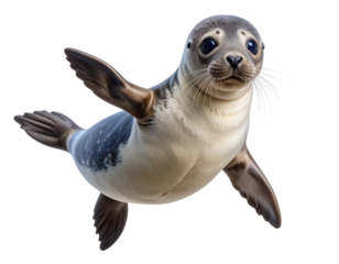 Realistic Wet Baby Seal with White Underside Hovering in Air, PNG Isolated