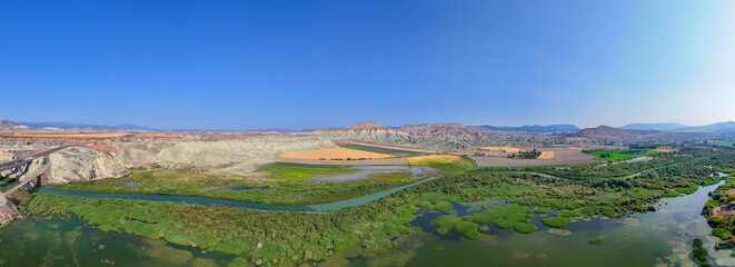 Nallihan Bird Sanctuary Ankara Beypazari Turkey Panoramic view of a river valley, showcasing diverse landscapes. An expansive, panoramic shot of a river valley. Nallıhan Kus Cenneti Turkiye 