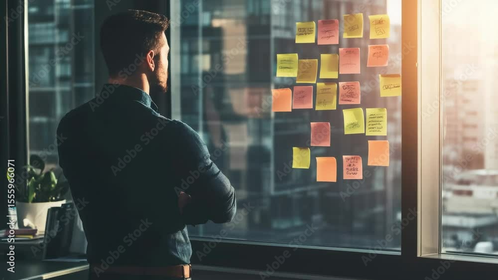Poster pensive businessman strategizing, looking at colorful sticky notes on a window in a modern office wi