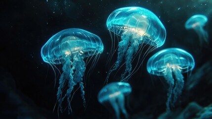 Obraz premium Bioluminescent jellyfish in deep water
