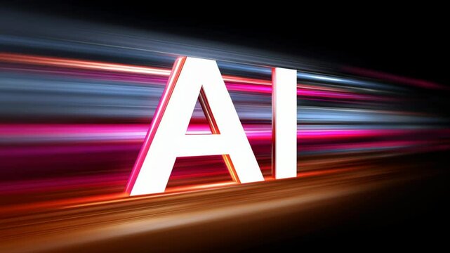 Dynamic representation of artificial intelligence concept with glowing letters AI in vibrant colors, surrounded by motion blur effects, symbolizing technology advancement and innovation in digital lan