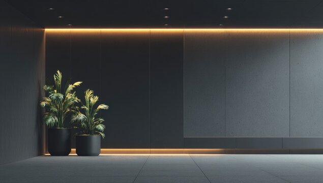 Modern minimalist interior with dark grey walls, recessed lighting, and potted plants