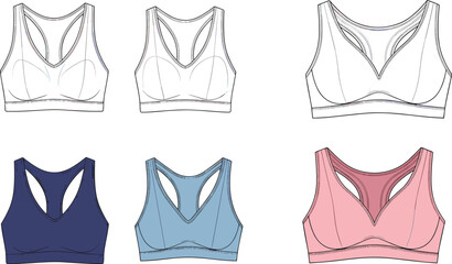 Sports bra technical sketch, racerback activewear design, front and back view, multi-color variations, fitness fashion illustration, apparel design template

 flat vector illustration