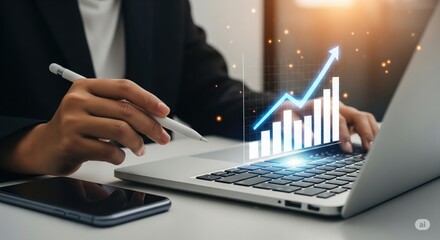 Strategic Analysis: A focused individual, working diligently on a laptop, meticulously analyses data, a glowing graph, symbolizing business growth and expansion.
