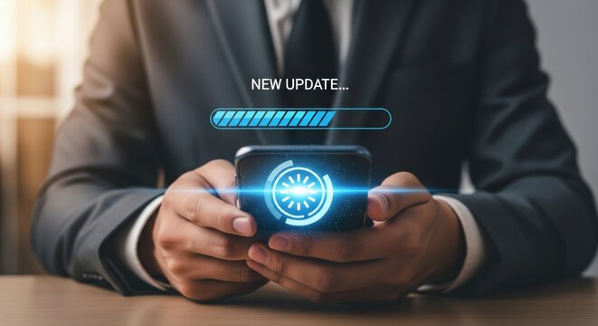 Digital Transformation: A businessman, at close range, cradles a smart phone during a technological transformation, with update bar on display.