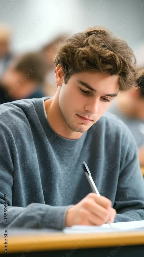 Poster a group of focused students taking an exam in a contemporary university lecture hall.