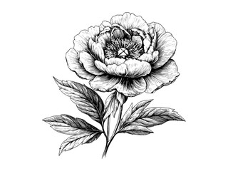 Engraved spring peony flower, vintage black sketch, retro botanical drawing, seasonal garden decor, floral motif in old engraving style, trendy classic floral illustration