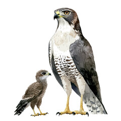 A Mother Goshawk With Her Kid, watercolor vector, isolated on a white background.