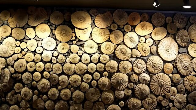 Close-up of a textured wall covered in circular beige fossil-like ornaments with a radial pattern and interspersed irregular stone shapes.