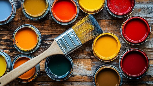 Vibrant paint cans & brush on wood