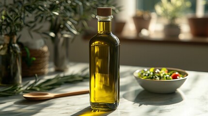 Sunlit bottle of golden olive oil sits on marble countertop next to a fresh salad and wooden spoon