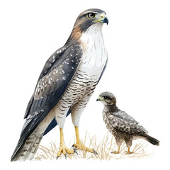 A Mother Goshawk With Her Kid, watercolor vector, isolated on a white background.