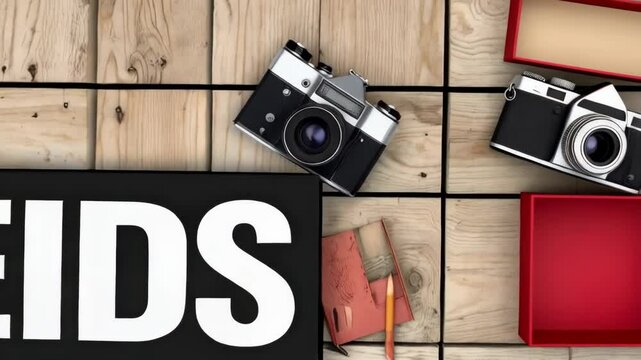 Creative flat lay composition featuring vintage camera, notebook and pen on wooden cube surface, ideal for artist studio concept, shot from top-down angle.